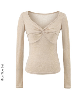MICN内搭小心机万能打底舒适扭结V领t恤女春季天丝羊毛长袖上衣