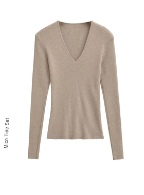 MianCun奶茶色V领针织衫春秋新款修身显瘦百搭打底衫气质长袖上衣