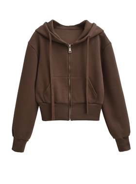 美式灰色修身短款连帽拉链卫衣外套女秋季小个子短款开衫拉链帽衫