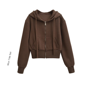 美式修身短款连帽拉链卫衣外套女秋季小个子短款开衫拉链帽衫