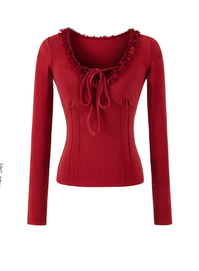 高级感超好看红色打底衫女内搭可外穿2026新款漂亮v领长袖t恤上衣