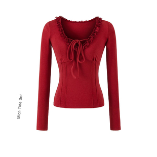 漂亮v领长袖 t恤上衣 女内搭可外穿2026新款 高级感超好看红色打底衫