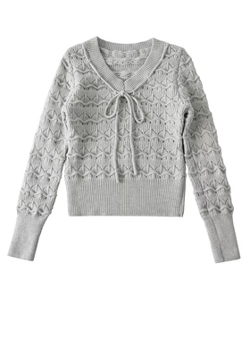 MICN纯欲灰色镂空波浪V领针织衫女绑带设计感修身显瘦打底衫毛衣