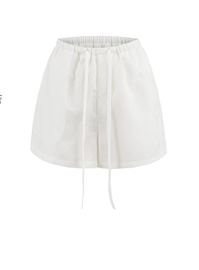 MICN白色水洗苎麻短裤女夏老钱风简约百搭亚麻阔腿休闲居家热裤