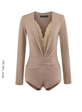 BM MICN美式性感蕾丝拼接深V领T恤上衣褶皱修身长袖连体衣女短裤