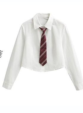MICN美式个性学院风长袖jk衬衫女修身收腰领带掐腰百搭短款上衣