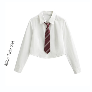 个性 收腰领带掐腰百搭短款 学院风长袖 女修身 上衣 jk衬衫 MICN美式