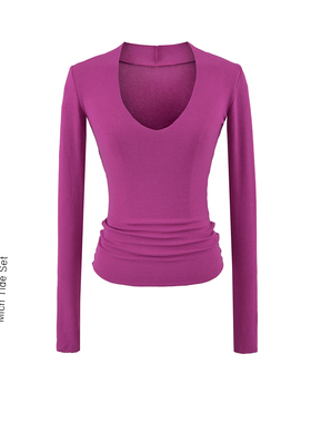 BM MICN内搭MVP复古V领长袖T恤女秋季修身显瘦针织打底衫毛边上衣