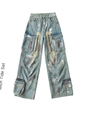 洛杉矶腔调涂鸦多口袋蓝色阔腿牛仔裤无性别复古水洗直筒工装长裤