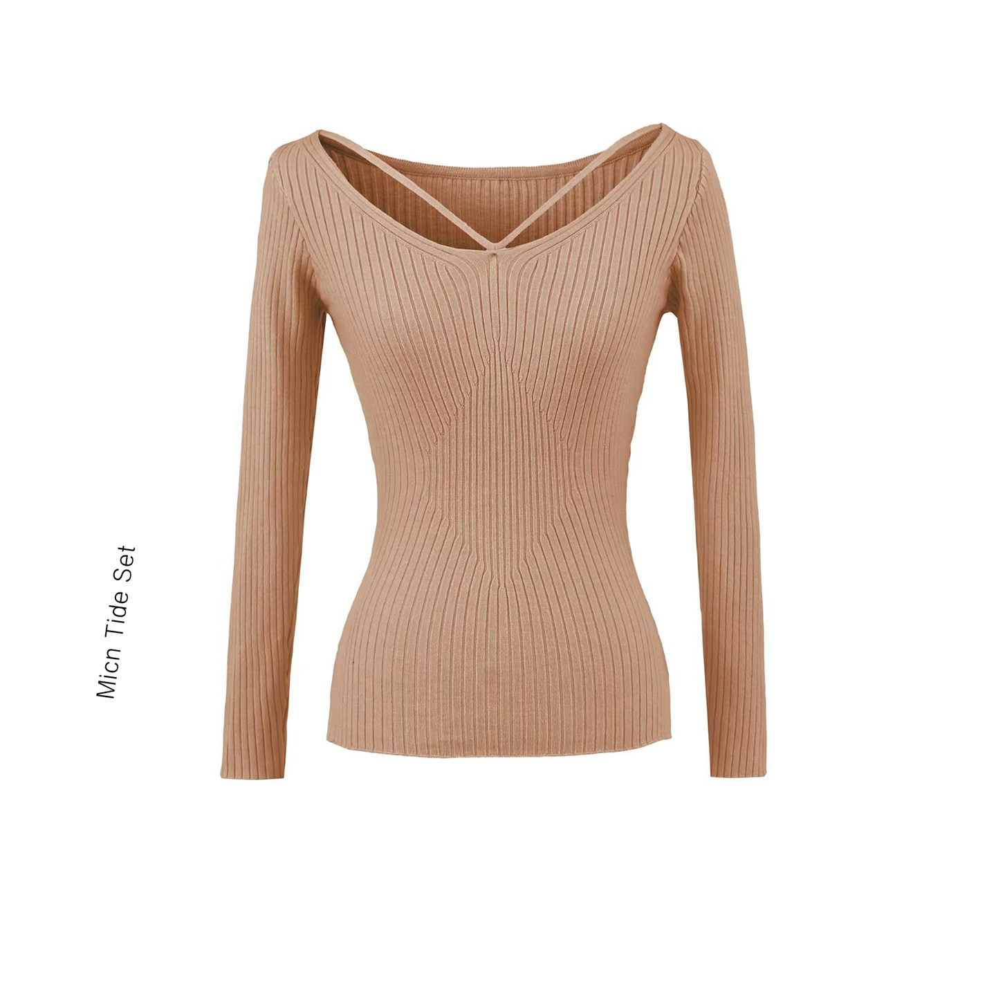 性感驼色U领莫代尔长袖针织衫女