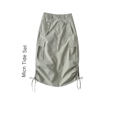 中长款侧开衩抽绳半身裙