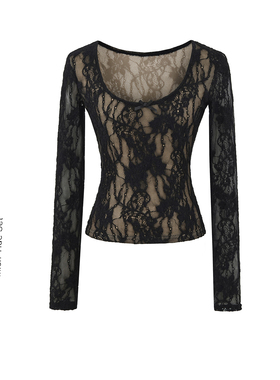 MICN高级感纯欲蝴蝶结蕾丝衫女性感修身显瘦网纱绣花T恤打底上衣