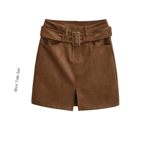 简约百搭显瘦直筒半身裙 新款 MICN咖啡色复合麂皮短裙女秋季