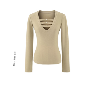 针织衫 打底衫 低胸纯欲磨毛T恤上衣 MICN深V领性感镂空显瘦长袖