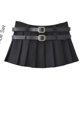 带腰带双腰头腰袢黑色防走光百褶裙女美式甜酷风超短低腰半身裙