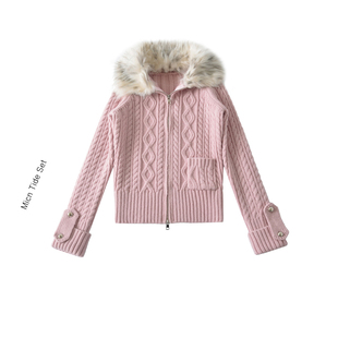 BM MICN回头率密码可拆卸毛领连帽麻花针织开衫女修身毛衣外套