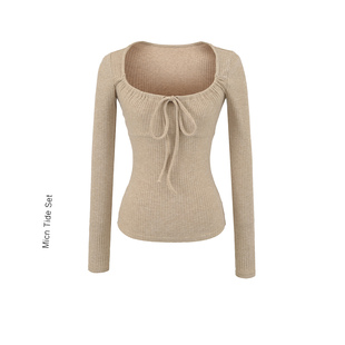 坑条方领显白打底衫 T恤女秋季 显瘦绑带长袖 上衣 MICN纯和欲修身