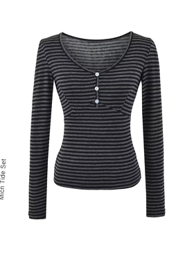 MICN黑灰色条纹U型领口T恤女正肩显瘦性感辣妹内搭修身长袖上衣