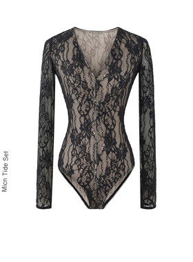 纯欲辣妹蕾丝V领拉链双层连体衣女春新款气质百搭修身性感打底衫