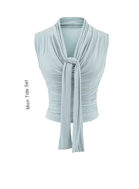 韩系蓝色V领无袖T恤打底衫女夏季新款修身收腰显瘦套头背心上衣