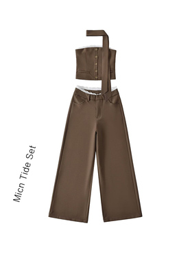 设计感蕾丝边抹胸背心套装女飘带挂脖辣妹风上衣高腰阔腿裤两件套