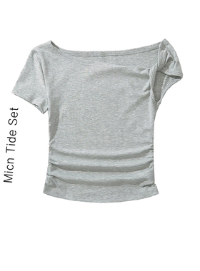 BM MICN灰色斜领露肩T恤女2025夏季新款设计感修身短款斜肩上衣