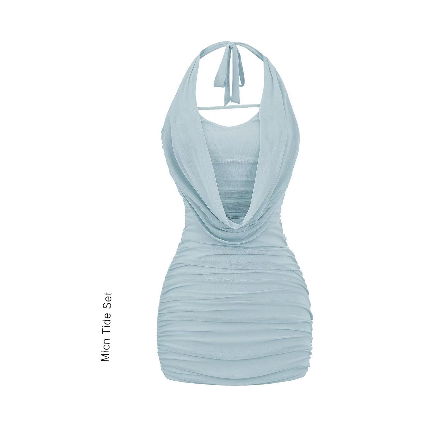 MianCun纯欲性感网纱蓝色荡领挂脖短裙女收腰显瘦褶皱包臀连衣裙