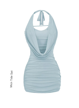 MianCun纯欲性感网纱蓝色荡领挂脖短裙女收腰显瘦褶皱包臀连衣裙