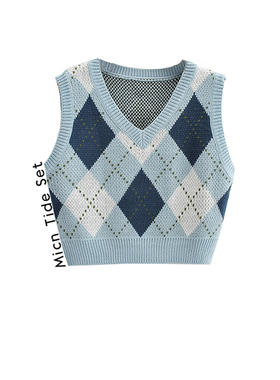 BM MICN~美式复古撞色菱格针织背心马甲女学院风V领无袖坎肩上衣