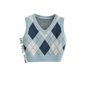 复古撞色菱格针织背心马甲女学院风V领无袖 美式 坎肩上衣 MICN