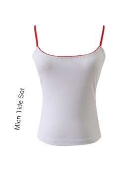 复古街头撞色花边弹力修身显瘦外穿白色小吊带背心女内搭豹纹上衣