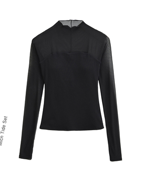 BM MICN纯欲网纱拼接褶皱假两件上衣女修身性感带胸垫内搭长袖T恤