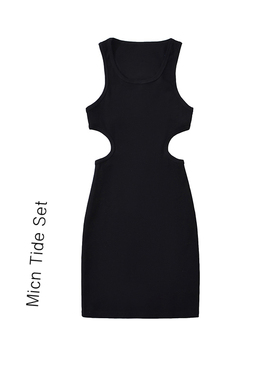 性感黑色露背短款连衣裙女夏设计感腰部镂空修身无袖背心包臀裙