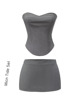 性感黑色鱼骨抹胸背心收腰上衣女极简灰色西装包臀短裙休闲套装