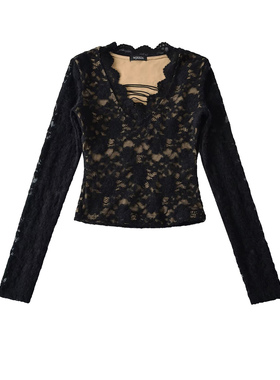MianCun交叉绑带V领蕾丝衫女纯欲性感修身显瘦长袖T恤打底衫上衣