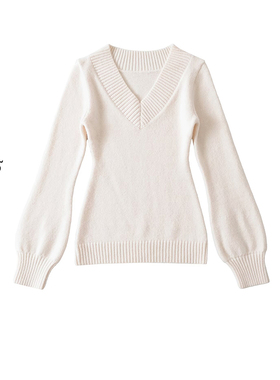 纯欲松弛感性感显腰身露锁骨大V领针织衫慵懒一字肩长袖套头毛衣