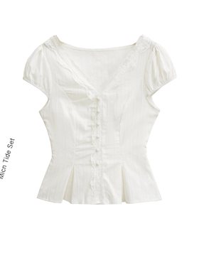 韩系chic小衫白色蕾丝花边V领短袖衬衫女夏季收腰泡泡袖上衣女