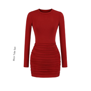 辣妹高弹美胯抽皱紧身包臀短裙女小个子修身显瘦长袖短款连衣裙