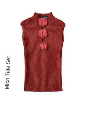 辣妹立体玫瑰红色针织背心女休闲短款修身显瘦外穿无袖马甲上衣