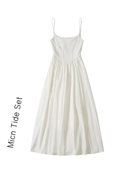 法式鱼骨式白色连衣裙女夏季中长款吊带裙收腰显瘦无袖背心裙子