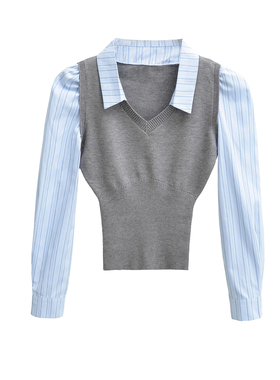 MianCun条纹假两件长袖衬衣女春季新款学院风收腰v领毛织拼接衬衫