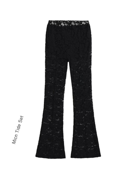 欧美过渡性感黑色蕾丝辣妹透视粗筒显瘦长裤女百搭高腰休闲裤子