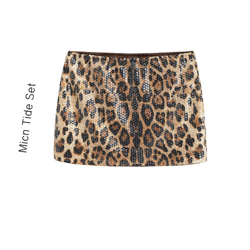 豹纹亮片低腰微弹包臀半身裙