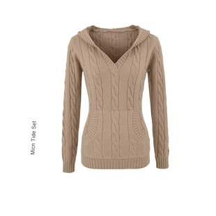 上衣女百搭质感套头毛衣 MICN少女老钱棕色V领绞花连帽针织衫