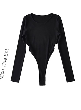 MICN性感辣妹露腰两侧镂空高开叉连体衣女长袖显瘦内搭紧身上衣