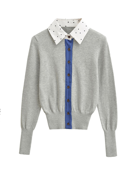 BM MICN复古假两件拼接刺绣毛针织衫女显瘦翻领开衫外套上衣秋