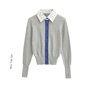 外套上衣秋 女显瘦翻领开衫 MICN复古假两件拼接刺绣毛针织衫