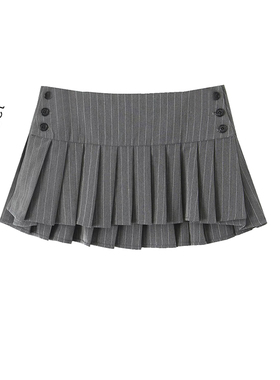美式学院风纯欲细条纹半身迷你短裙女设计感高低腰可调节百褶裙