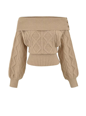 MICN美式复古设计感一字肩短款毛衣女百搭秋冬肩部纽扣设计针织衫