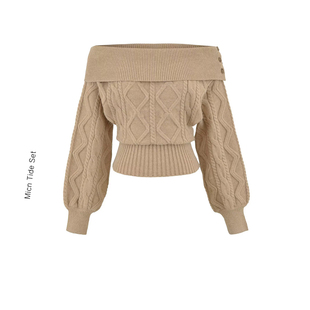 MICN美式复古设计感一字肩短款毛衣女百搭秋冬肩部纽扣设计针织衫